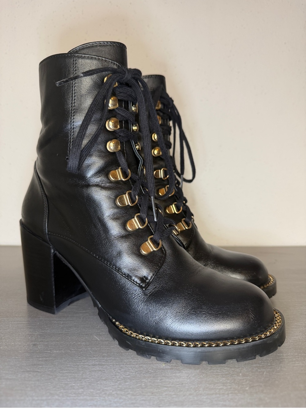Stuart Weitzman Black Leather Lace Up Block Heel Boots Size 7B Made In Spain